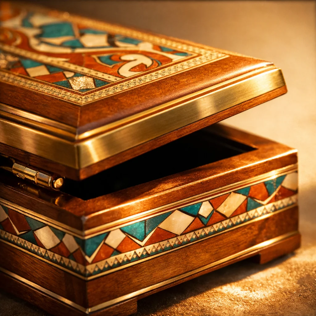 Sierlijke goudkleurige geschenkdoos met turquoise mozaïekpatroon